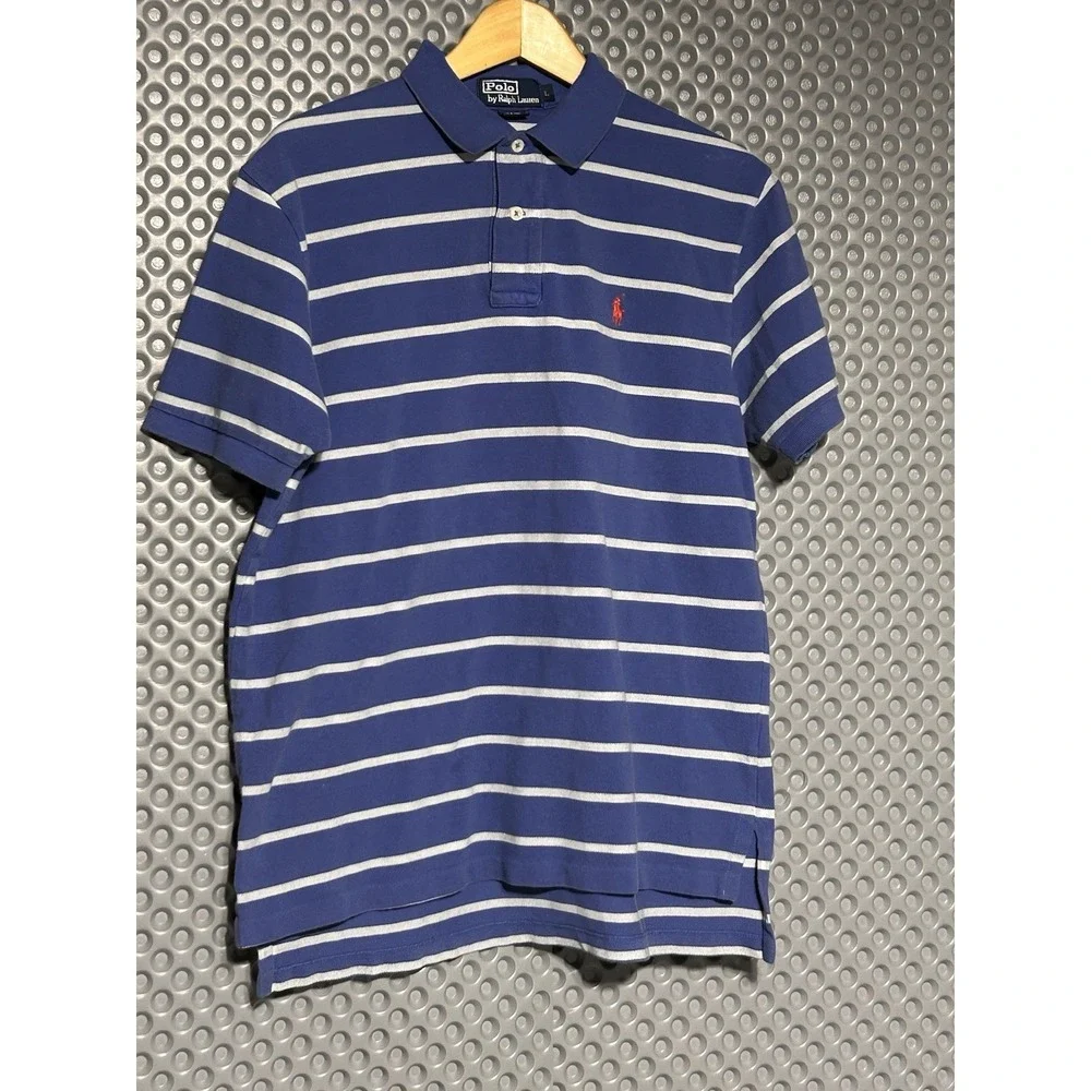 Polo Ralph Lauren Polo Shirt Mens L Purple/Grey Stripe Short‎ Sleeve Red Pony